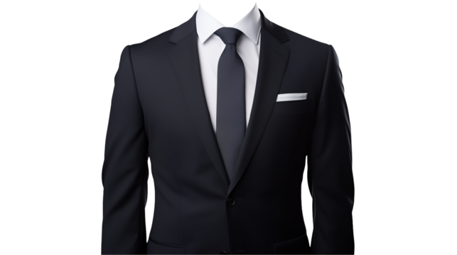 A black suit with a white shirt and a black tie isolated