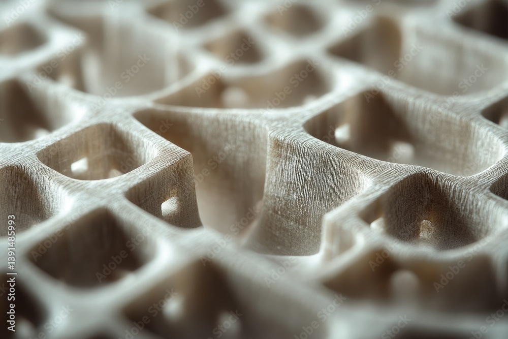 Poster Abstract geometric wood pattern, macro view revealing the fine texture and complex porous design with subtle shadows.