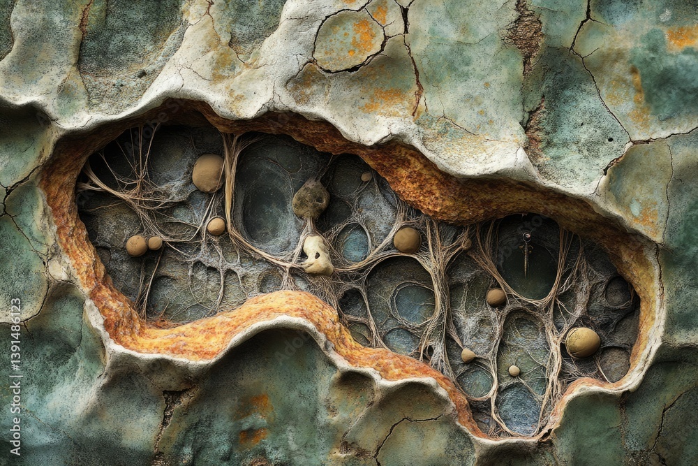 Poster a close-up image of a cracked surface reveals a network of organic material and embedded spherical e