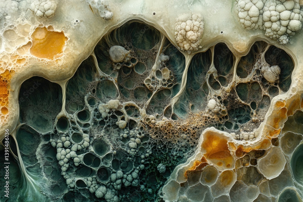 Aufkleber an abstract biological or geological pattern with clusters, membranes, and interconnected cavities, 