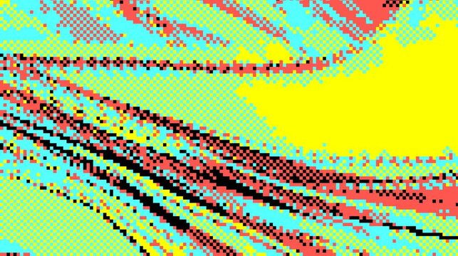 Abstract composition with pixelated shapes in yellow, blue, coral, and black, creating a dynamic and textured pattern