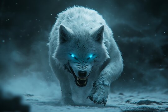 A white wolf with glowing blue eyes approaches in a dark and snowy environment with teeth bared