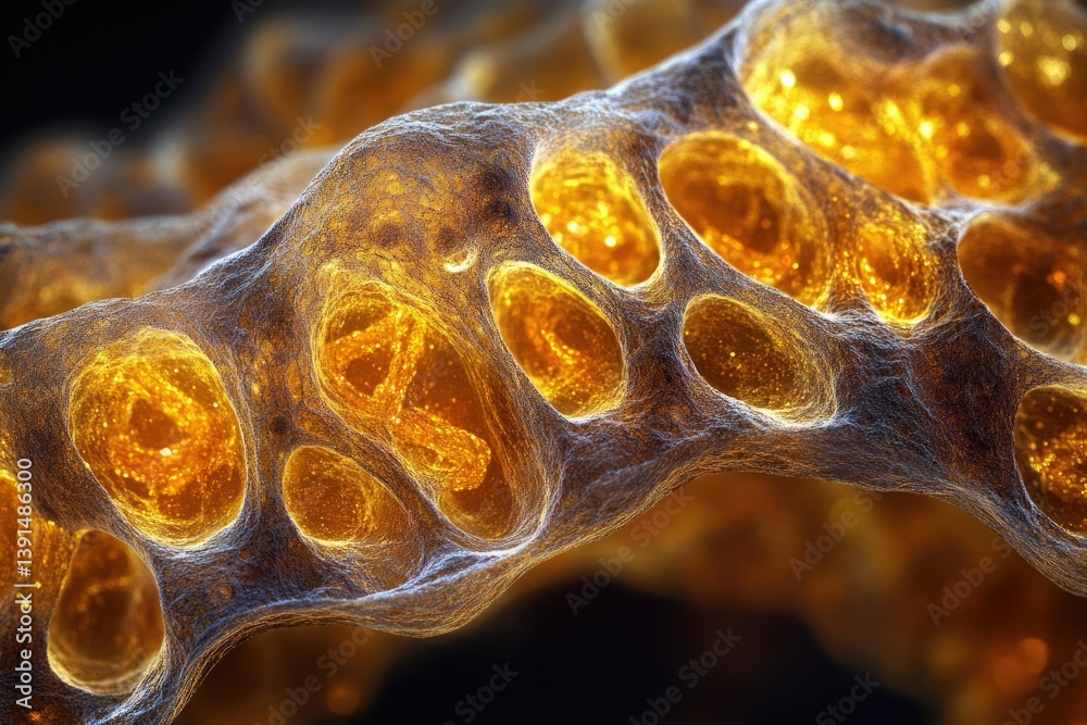 Poster Microscopic view reveals a complex structure with golden fluid-filled cavities encased within a porous, web-like framework.
