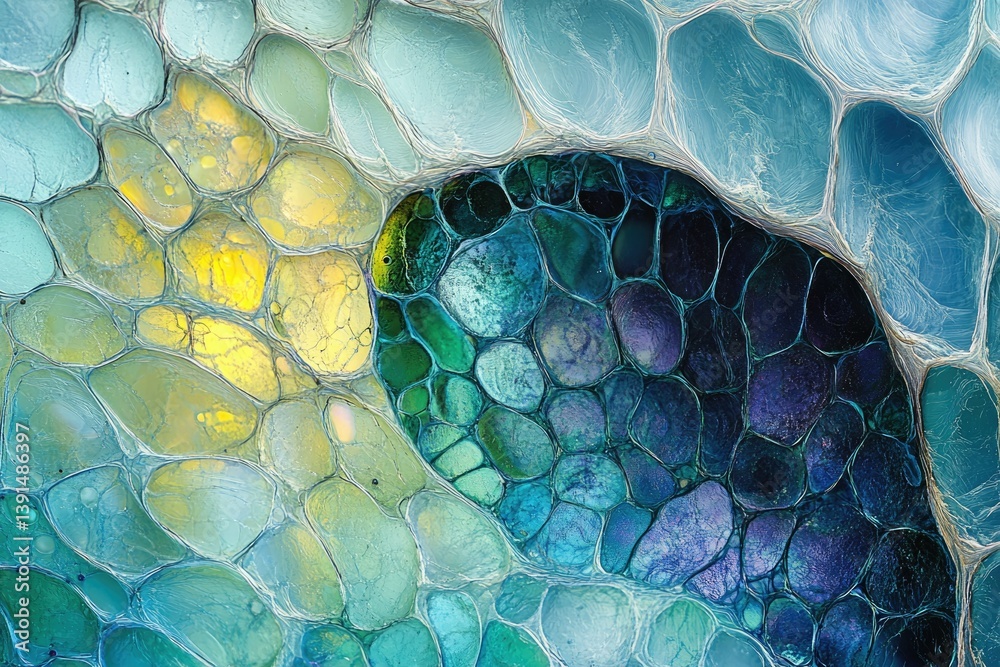 Aufkleber Abstract cellular pattern with gradient colors blending from yellow to blue and purple, creating an organic, tessellated texture.