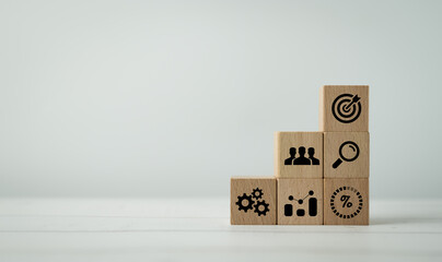 Wood block stack as step stair with icon action plan, Business strategy, Company strategy...