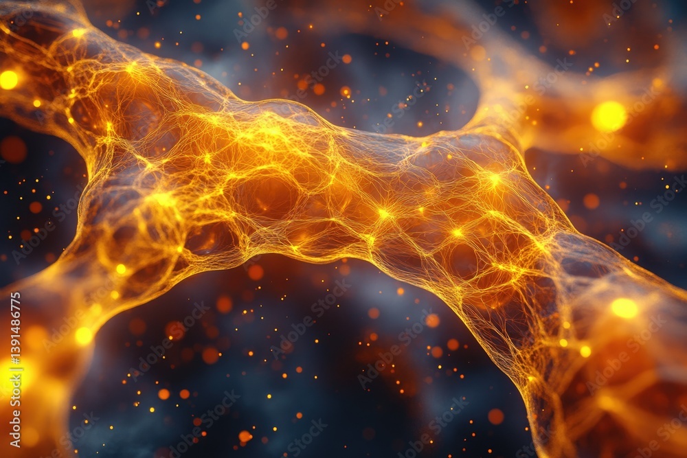 Poster an abstract depiction of nerve cells, neurons, or biological structure with glowing orange light, ne