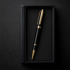 realistic elegant black pen with gold details is displayed in sleek black box, showcasing its luxurious design and craftsmanship. This pen is perfect for professional settings or as gift