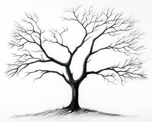 Bare tree winter sketch, white background, nature art