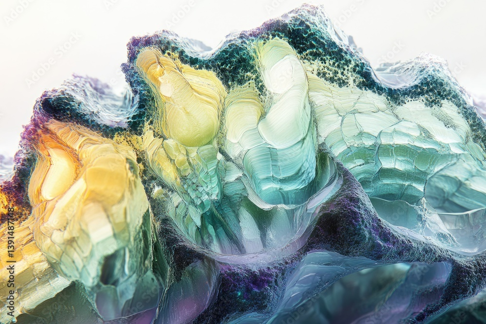 Poster Abstract geological formation with vibrant gradient colors, showcasing layered textures and organic shapes against a neutral background in a macro close-up.