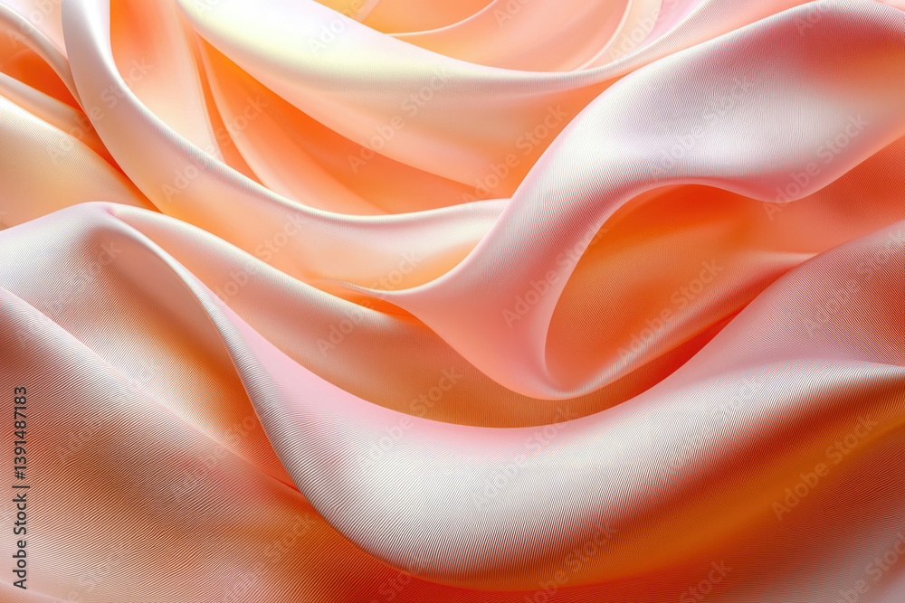 Poster peach-colored satin fabric gracefully draped, creating soft, flowing waves and luxurious texture.