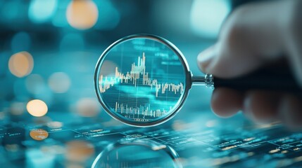 A close-up view of a hand holding a magnifying glass over digital data analytics, showcasing graphs and statistics on a screen.