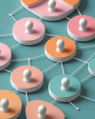 Colorful abstract representation of a connected network of people with pastel figures linked by lines, symbolizing communication, collaboration, and social media connection
