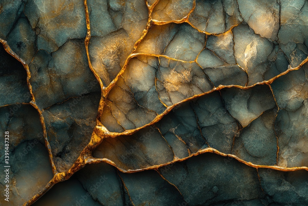 Poster A striking abstract background featuring a dark, cracked stone texture with golden veins running through it, creating a luxurious appearance.