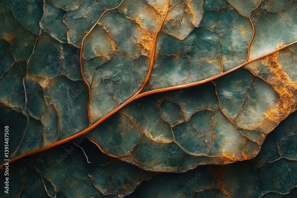 Poster an artistic close-up showcases a leaf's texture with golden veins contrasting against a deep teal ba