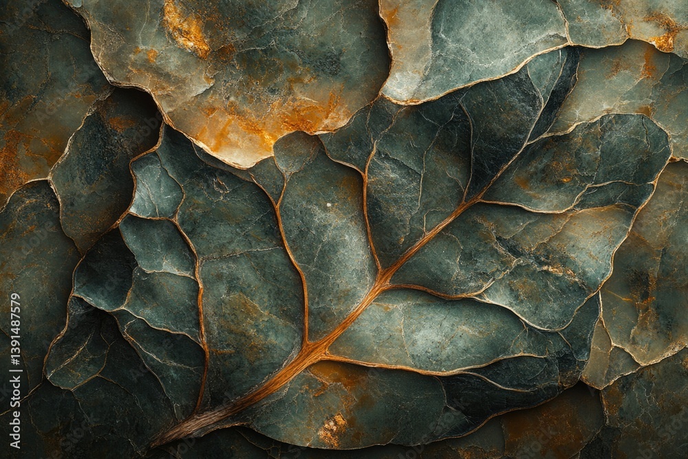 Poster Abstract image showing a close-up of a large, textured leaf with prominent veins, rendered in green and gold tones, creating an artistic design.