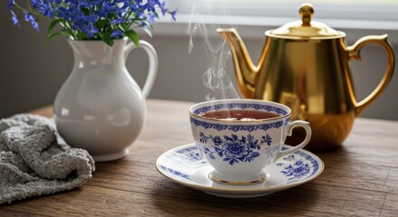 A still life featuring a teacup, teapot, flowers, and cloth on a wooden table near a window