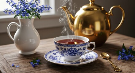 Fototapeta premium Still life of tea cup and saucer with golden teapot and flowers on a wooden table surface top