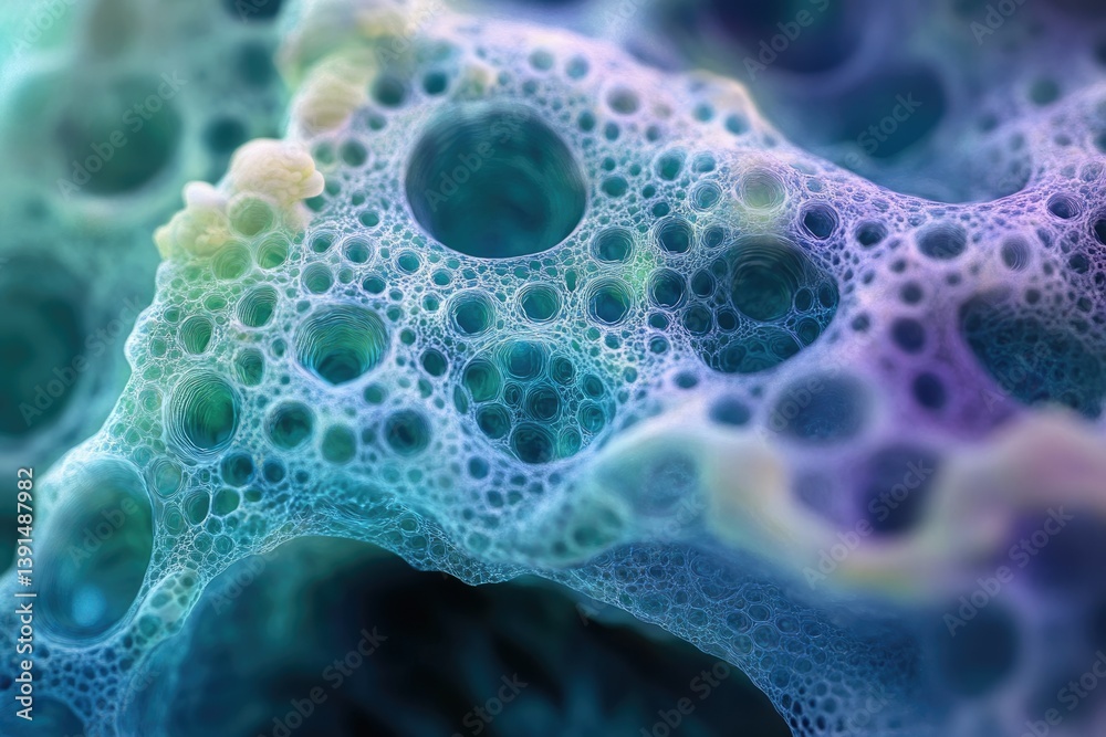 Poster Intricate microscopic view featuring porous texture with interconnected holes and gradient coloring from blue to purple, creating a surreal landscape.
