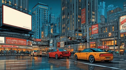City Street with Cars, Buildings, Billboards, and Pedestrians