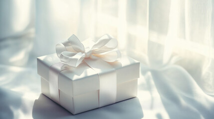 Elegant gift box on white soft fabric in sunlight