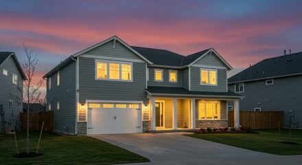 Obraz premium A two story house with gray siding and a white garage door at dusk with a colorful sky above it