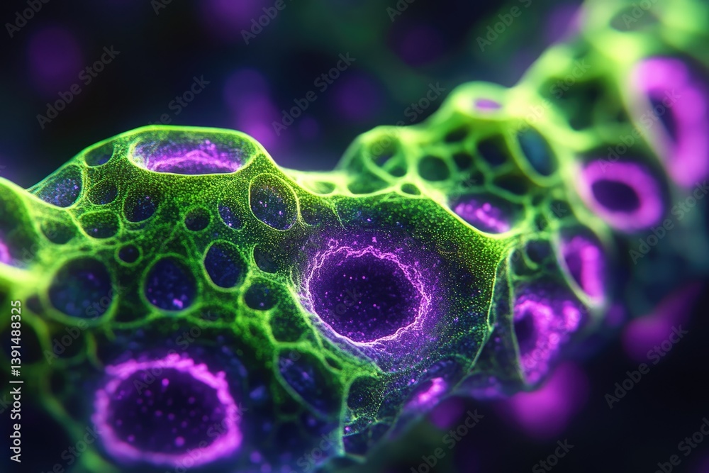Aufkleber Microscopic view of a cell structure with interconnected green network and purple glowing nucleus, showcasing intricate biological complexity.