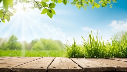 Sunny Spring Landscape with Wooden Deck and Fresh Green Grass