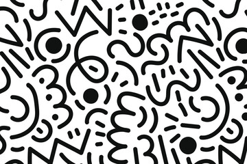 Memphis geometric. black and white abstract background in retro 80s, 90s style with various shapes: circles, dots, zigzags, spirals, wavy lines.