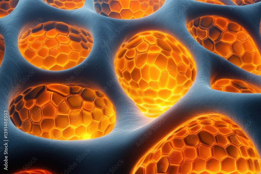 Poster glowy, honeycomb-like cells surrounded by a blue matrix suggest biological processes or scientific v