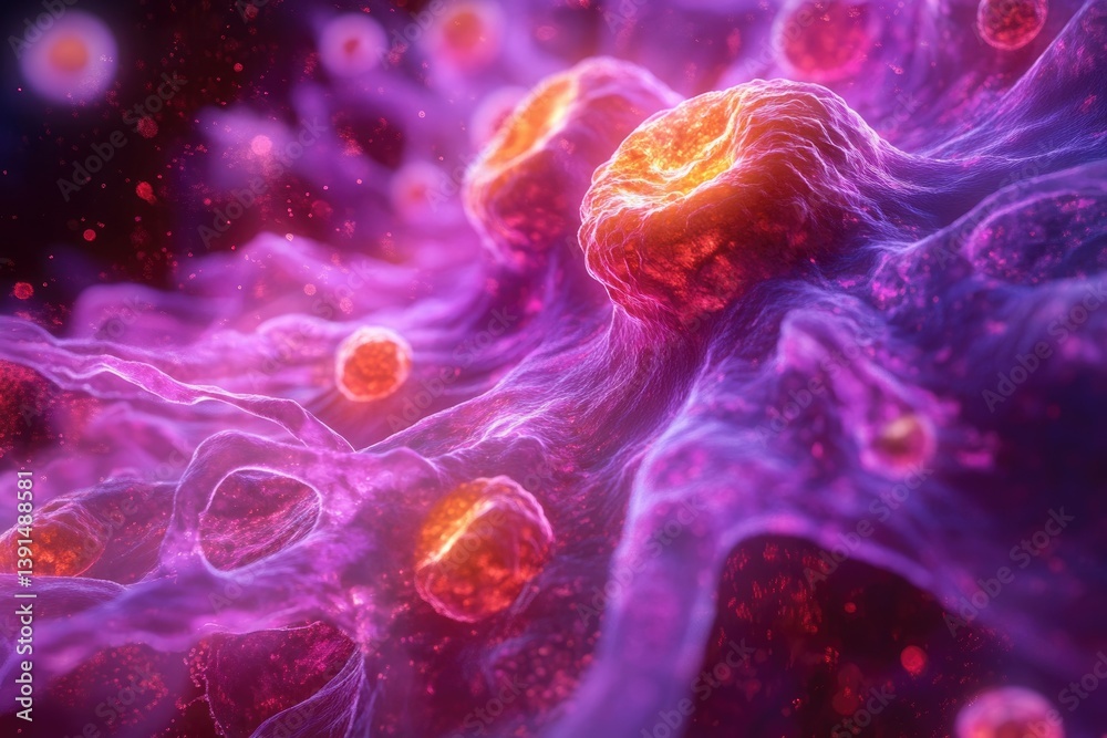 Aufkleber Microscopic view of cells, highlighted in vibrant pink and orange, showcases complex structures and potential biological processes at a cellular level.