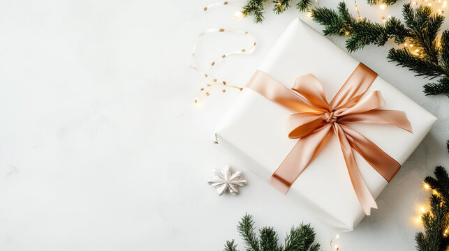 Gift box with golden ribbon and fir branches, top view, copy space