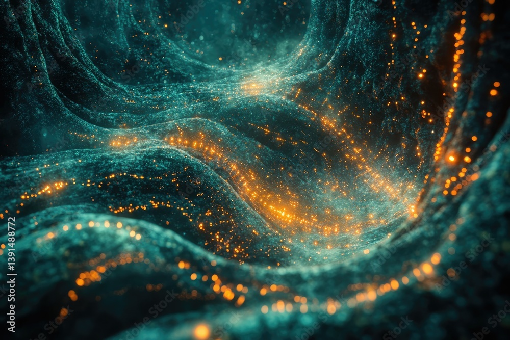 Poster Abstract flowing teal shapes with sparkling orange lights creating a sense of depth and movement in a cosmic scene.