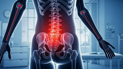 Human skeleton with lower back pain highlighted in red in a medical examination room setting