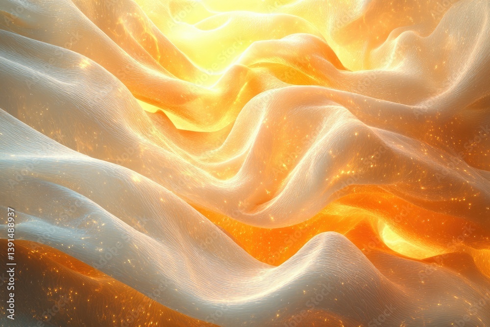 Poster abstract golden waves flowing, illuminated by a soft, ethereal light creating a dreamlike, luxurious