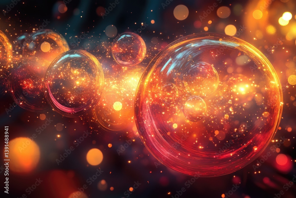Poster abstract image of glowing orbs and bokeh lights in warm orange and yellow tones against a dark, blur