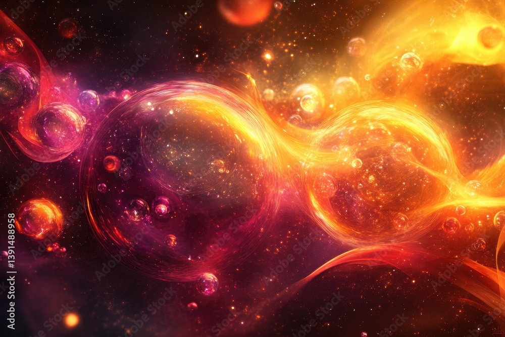 Poster cosmic spheres glow vibrantly, intertwined with fiery energy, creating a captivating dance in the va