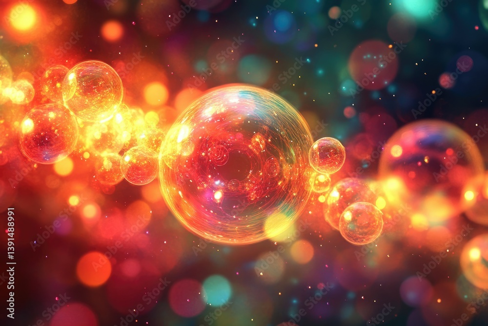 Leinwandbilder A captivating abstract artwork featuring vibrant bubbles with intricate patterns and shimmering lights against a colorful bokeh background.