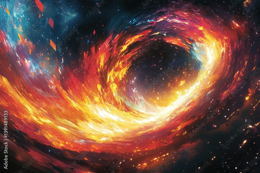 Poster A swirling vortex of celestial fire and stardust creates a mesmerizing cosmic phenomenon in the deep expanse of space.