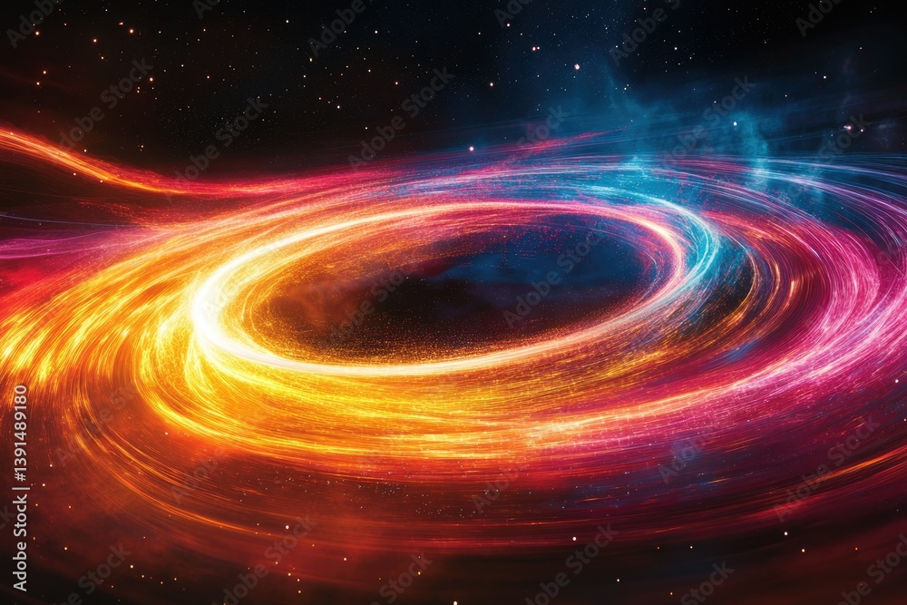 Poster a vibrant cosmic spectacle with swirling nebulas, depicting the mesmerizing pull of a black hole in 