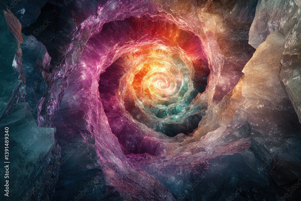 Poster A mesmerizing vortex of colorful crystal formations, creating a swirling tunnel of light and geological wonder.