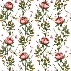 Peony bud, leaves, insects seamless botanical pattern. Spring watercolor illustration isolated on white background. Hand drawn dragonfly, butterfly for packaging on Birthday, stationary, scrapbook