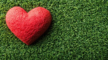 Red wool heart resting on artificial green grass, top view. Symbolizes love, nature, eco-friendliness, and organic care.