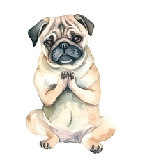 Cute watercolor pug sits on a white background