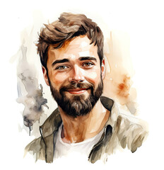 watercolor portrait of a handsome, happy man with a beard on a white background