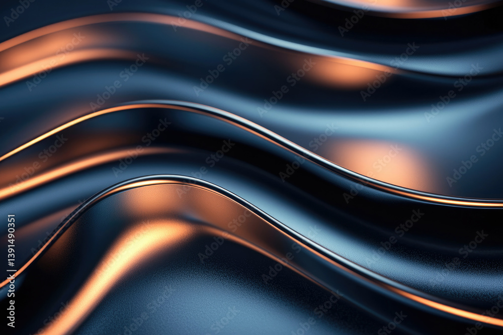Poster abstract image of dark blue metallic waves with warm orange highlights, creating a luxurious and ele