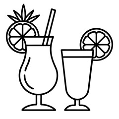 Tropical fruit cocktails with garnish line art vector illustration 