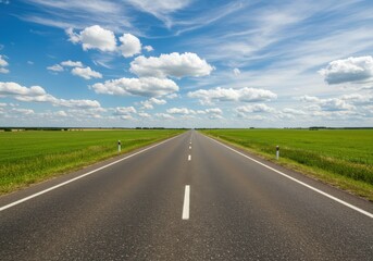 A long straight road stretches through green fields under a partly cloudy blue sky on a sunny day