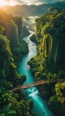 Majestic Rainforest Aerial View – Emerald Canopy, Turquoise River & Golden Sunbeams in 8K Ultra HD Drone Shot