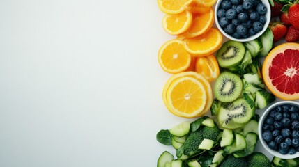 Fresh Colorful Fruits and Vegetables on a Light Background
