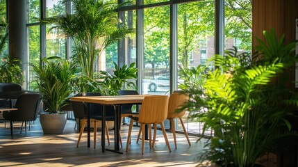 Obraz premium Bright space with wooden table, chairs and greenery near a large window. It showcases modern office design that promotes collaboration and productivity.